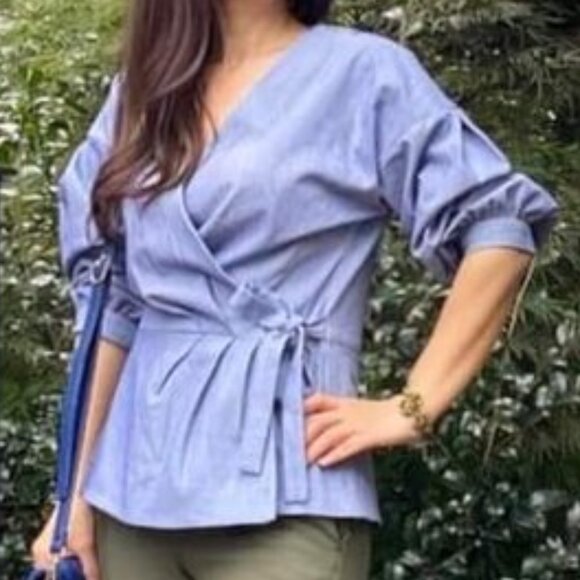 Halogen Blue Chambray Puff Sleeve Wrap Shirt Jacket - Picture 5 of 5